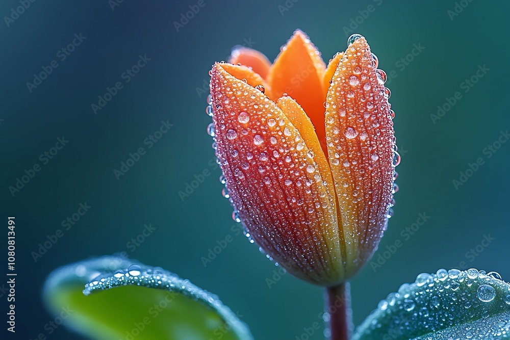 Single orange tulip in bloom with water drops on petals Single orange tulip in bloom with water drops on petals