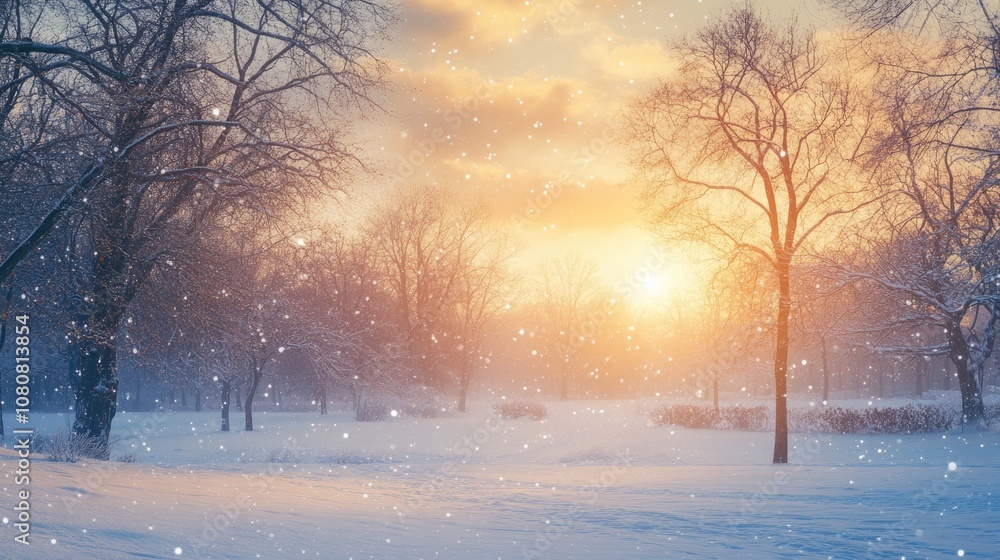 Stunning winter landscape featuring a beautiful sunset snowfall mist and fog in an outdoor park setting perfect for nature themed backgrounds Stunning winter landscape featuring a beautiful sunset snowfall mist and fog in an outdoor park setting perfect for nature themed backgrounds