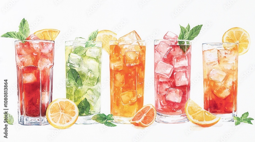 Delight your taste buds explore five refreshing summer drinks with vibrant fruits and ice cubes Delight your taste buds explore five refreshing summer drinks with vibrant fruits and ice cubes