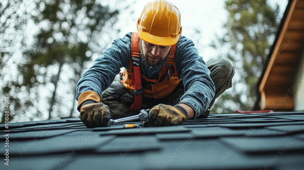 A man in a yellow hard hat is working on a roof A man in a yellow hard hat is working on a roof