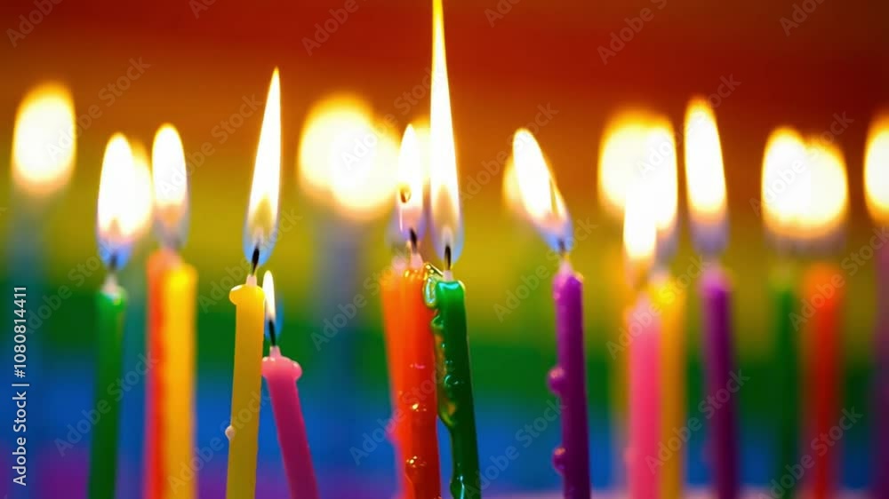 Row of colorful birthday candles burning, melting wax against a rainbow background. Row of colorful birthday candles burning, melting wax against a rainbow background.