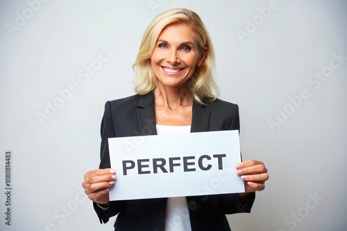 Smiling Woman Holding Sign, Perfect Praise, AI Photo