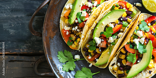 Hearty grilled veggie tacos with black beans, avocado, and queso fresco for a fresh and flavorful taste