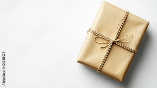 Elegant gold gift box wrapped with twine on a white background, perfect for celebrations, holidays, and special occasions, showcasing simplicity and style in gift giving