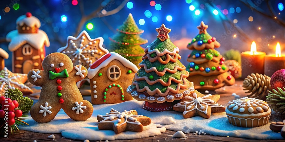 Naklejka premium Surreal Gingerbread Christmas Cookies, Holiday Food, Fantasy Treats