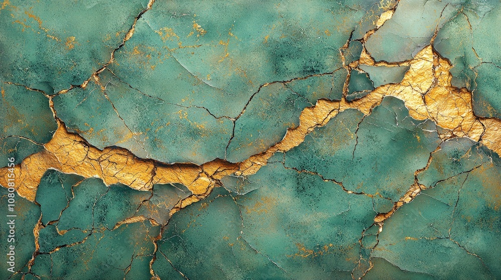 A textured surface featuring turquoise and gold cracks, resembling natural stone or art. A textured surface featuring turquoise and gold cracks, resembling natural stone or art.
