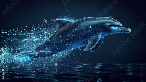 A digital dolphin leaps out of the water, its form made of shimmering particles and lines.