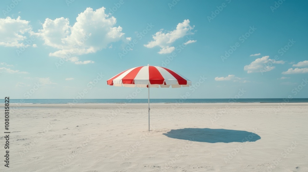 Bright Red and White Striped Umbrella Standing Alone on a Tranquil Beach with Clear Blue Skies and Soft White Clouds, Creating a Serene Summer Atmosphere Bright Red and White Striped Umbrella Standing Alone on a Tranquil Beach with Clear Blue Skies and Soft White Clouds, Creating a Serene Summer Atmosphere