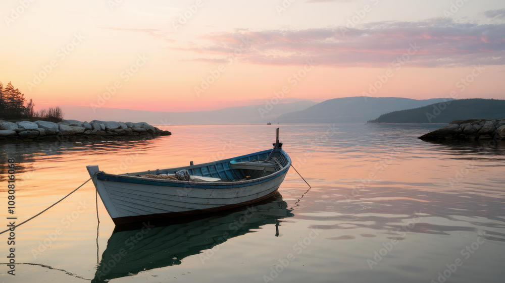 A serene wooden boat anchored in calm waters during a vibrant sunset with soft pastel colors reflecting on the surface. A serene wooden boat anchored in calm waters during a vibrant sunset with soft pastel colors reflecting on the surface.