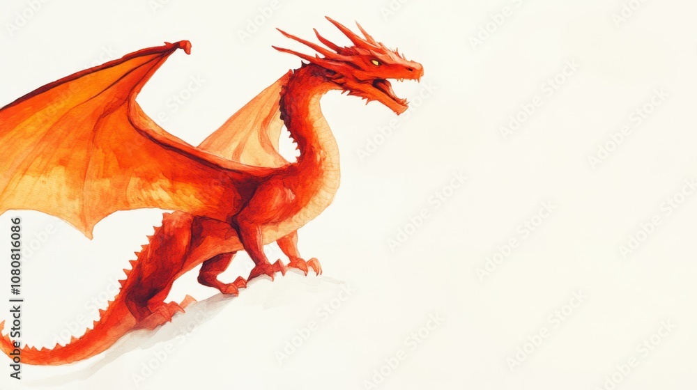 Obraz premium Majestic Red Dragon with Fiery Wings and Fierce Expression Captured in Vibrant Watercolor Style on a Light Background Ideal for Fantasy and Art Themes