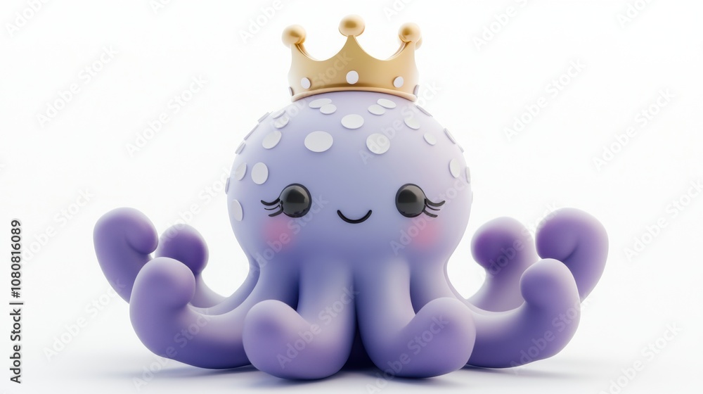 Cute purple octopus wearing a golden crown on a white isolated background.