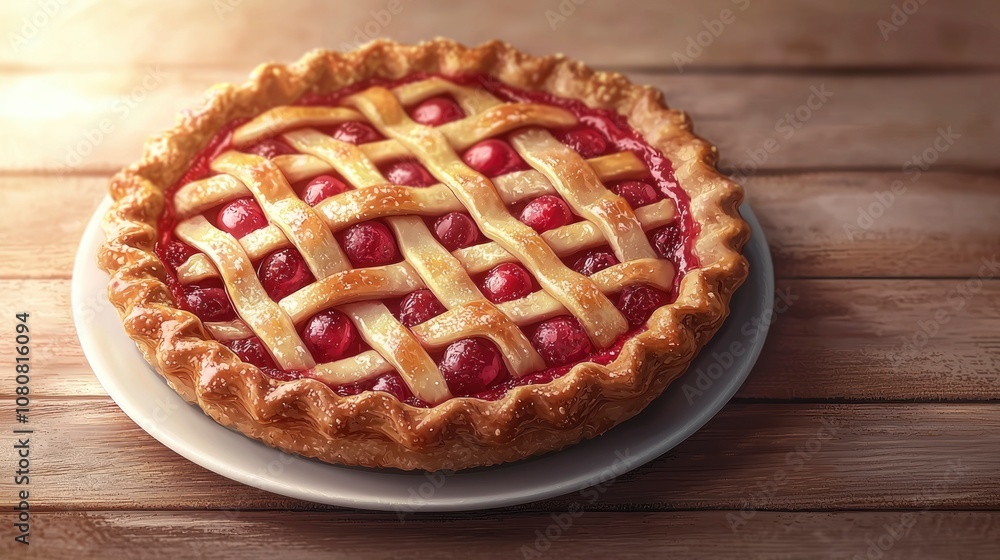 Deliciously baked cherry pie on a white plate, showcasing a golden crust and sweet cherry filling, perfect for a cozy culinary gathering Deliciously baked cherry pie on a white plate, showcasing a golden crust and sweet cherry filling, perfect for a cozy culinary gathering