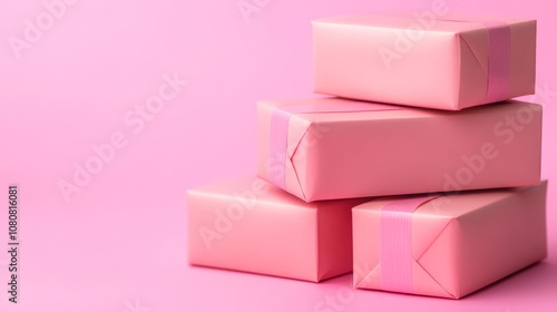 Four stacked pink gift boxes with pastel ribbons on a soft pink background create a whimsical and cheerful vibe, ideal for marketing materials, invitations, or celebration-themed projects,