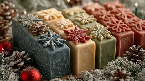 Festive decorative soaps with frosted pinecones and lights for holiday season