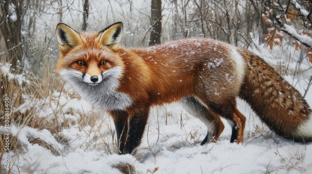 Fototapeta premium Realistic Portrait of a Red Fox in a Snowy Landscape, Capturing the Beauty of Nature With Lush Fur, Alert Expression, and Enchanting Wilderness Setting