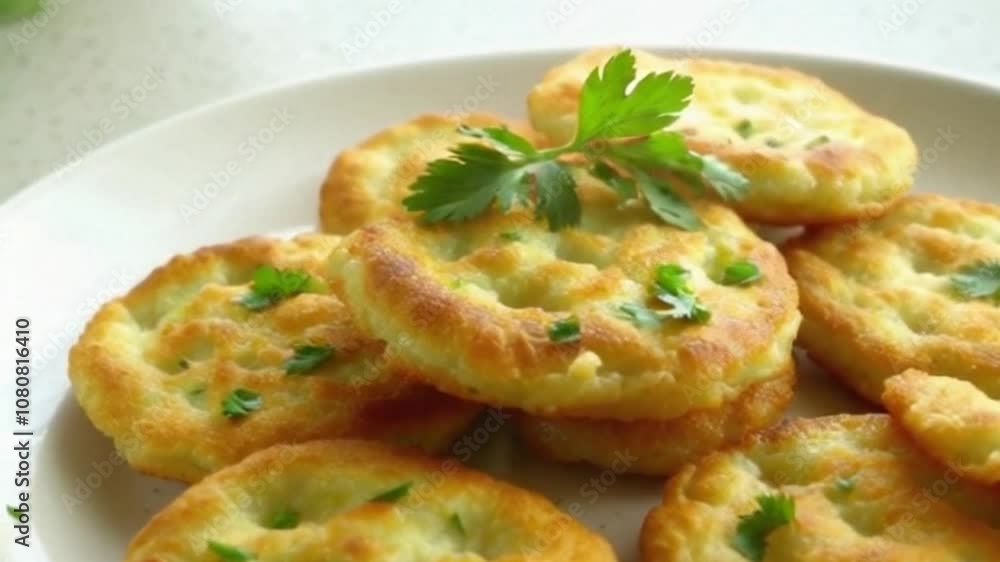 Cinematic 4K Close-Up of Golden-Brown Fritters with Fresh Herbs and Rising Steam Cinematic 4K Close-Up of Golden-Brown Fritters with Fresh Herbs and Rising Steam