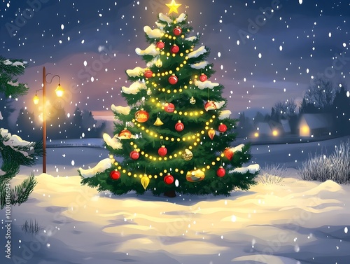 Wallpaper Mural Beautifully Decorated Christmas Tree Under Soft Snowfall with Warm Glowing Lights and a Night Sky, Creating a Magical Winter Wonderland Scene Torontodigital.ca