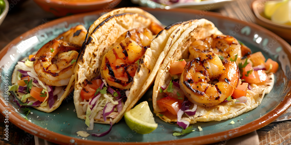 Tasty seaside shrimp tacos with grilled shrimp, fresh cabbage slaw, and spicy chipotle sauce Tasty seaside shrimp tacos with grilled shrimp, fresh cabbage slaw, and spicy chipotle sauce
