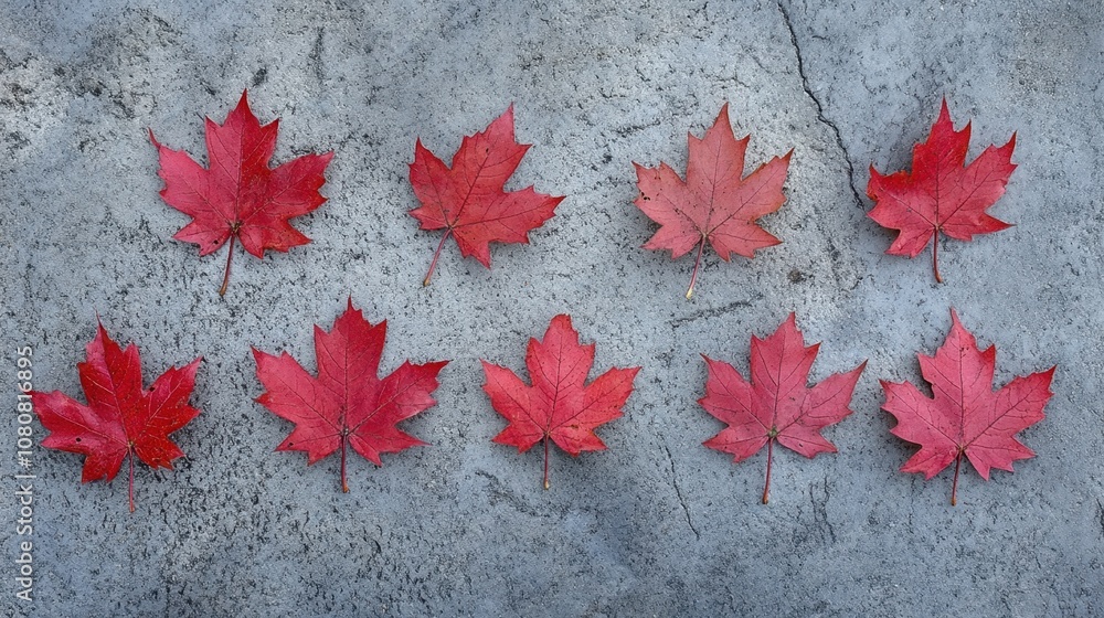 Vibrant Red Maple Leaves Arranged on a Textured Gray Surface Creating a Striking Contrast of Nature and Urban Environment for Creative Projects Vibrant Red Maple Leaves Arranged on a Textured Gray Surface Creating a Striking Contrast of Nature and Urban Environment for Creative Projects