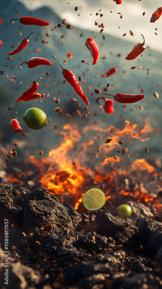 Red Chili pepper and halved green lime flying through the air on background lava mountain landscape, Hot atmosphere Red Chili pepper and halved green lime flying through the air on background lava mountain landscape, Hot atmosphere