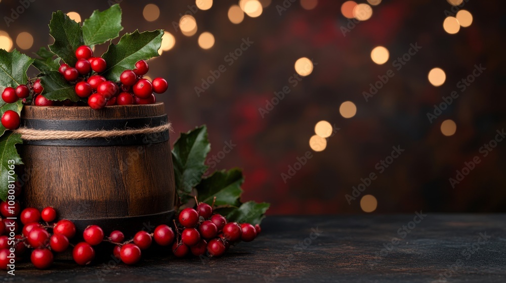 A rustic wooden bucket filled with vibrant red berries and green leaves sits against a softly blurred background of warm lights, evoking a cozy, festive atmosphere, Ideal for holiday-themed designs, A rustic wooden bucket filled with vibrant red berries and green leaves sits against a softly blurred background of warm lights, evoking a cozy, festive atmosphere, Ideal for holiday-themed designs,