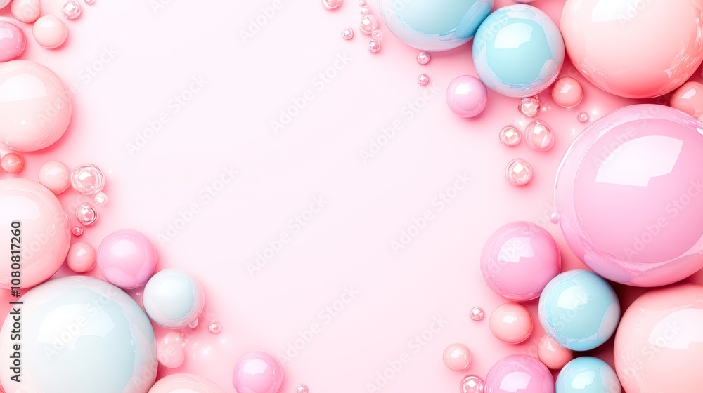 A colorful arrangement of glossy bubbles in shades of pink and blue against a soft pink background, perfect for use in cosmetic, beauty, or children's product marketing, A colorful arrangement of glossy bubbles in shades of pink and blue against a soft pink background, perfect for use in cosmetic, beauty, or children's product marketing,