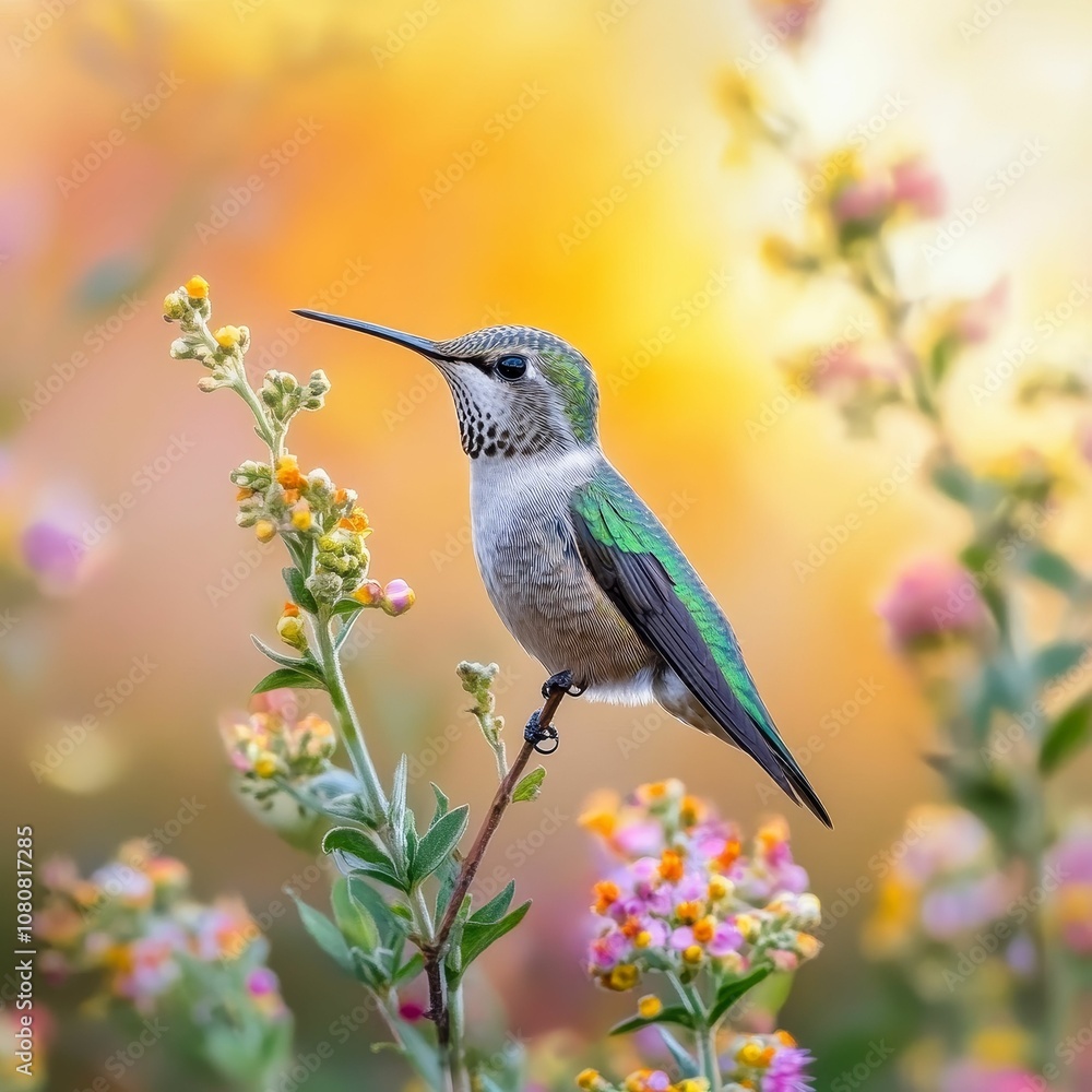 Fototapeta premium Hummingbird perched on a flower branch.