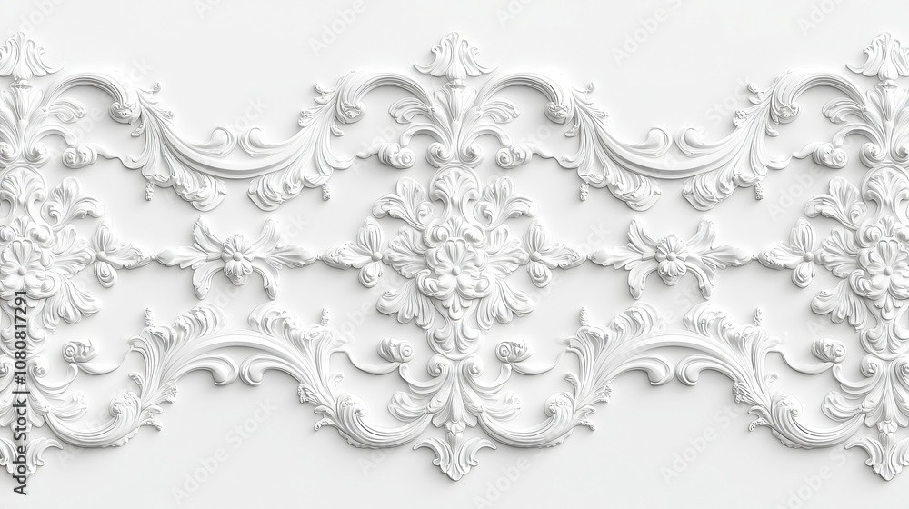 Elegant White Rococo Patterned Wallpaper, intricate design, soft textures, enhances interior spaces, ideal for upscale decor, adds sophistication and charm to any environment Elegant White Rococo Patterned Wallpaper, intricate design, soft textures, enhances interior spaces, ideal for upscale decor, adds sophistication and charm to any environment
