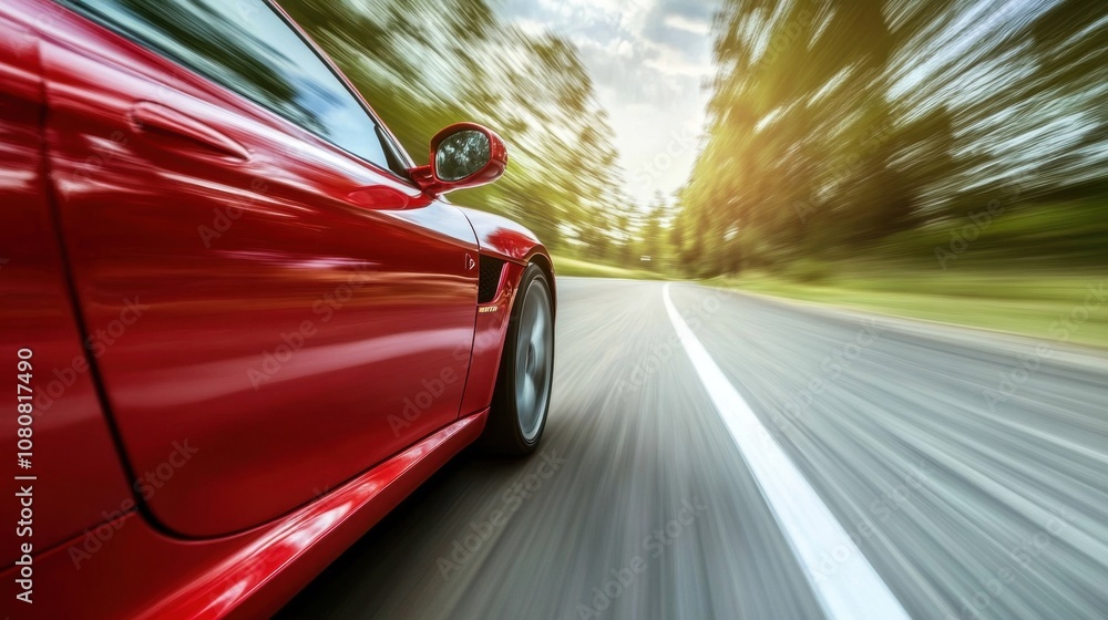 Fast Moving Red Sports Car on a Winding Road Surrounded by Lush Green Trees Under a Bright Sunny Sky in a Dynamic Motion Blur Effect Fast Moving Red Sports Car on a Winding Road Surrounded by Lush Green Trees Under a Bright Sunny Sky in a Dynamic Motion Blur Effect