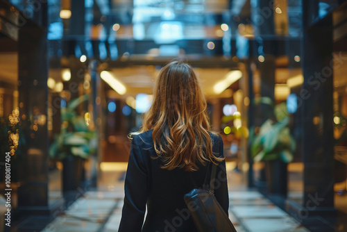 Generative AI Image of a Female Traveler Arriving in Hotel Corridor for Vacation