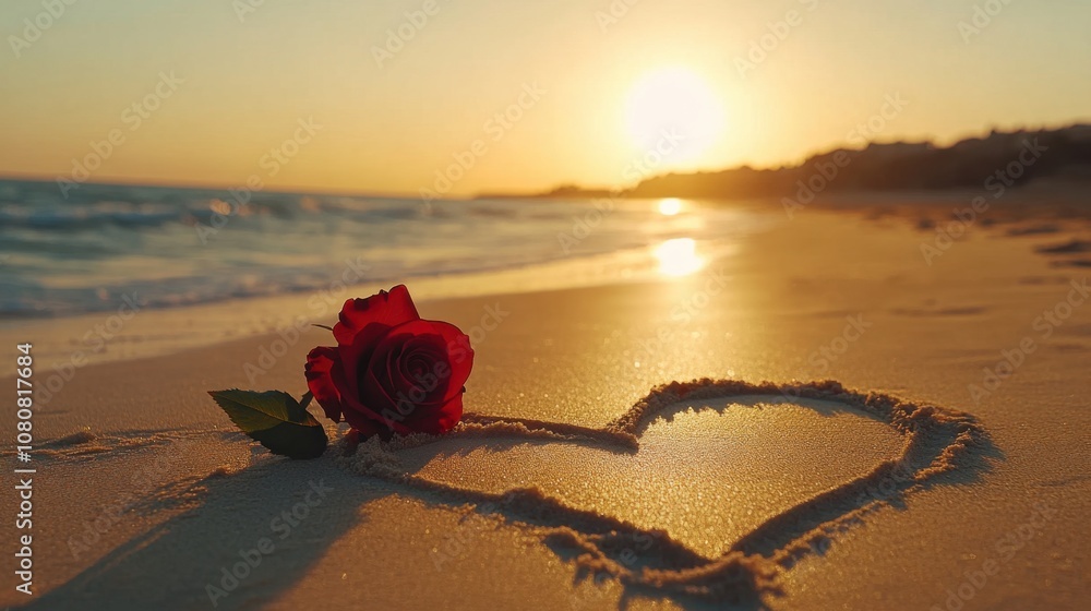 Romantic Sunset Scene with Rose Placed on Sandy Beach Forming Heart Shape, Symbolizing Love, Passion, and Nature at Dusk with Gentle Waves