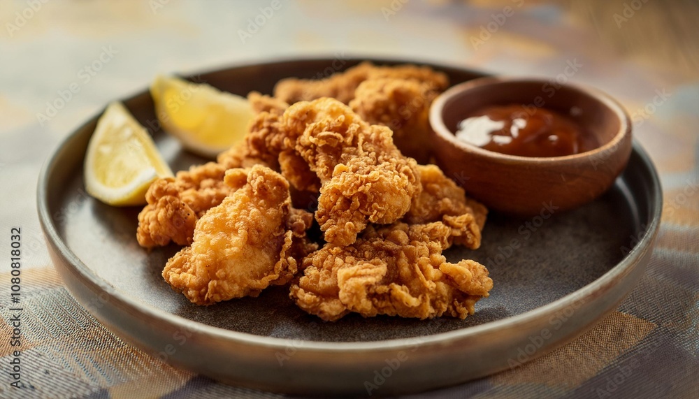 Golden, Crispy Chicken Karaage Served with Lemon Wedges and a Soy-Ginger Dipping Sauce, Captured in a Bright and Vibrant Street Food Setting Golden, Crispy Chicken Karaage Served with Lemon Wedges and a Soy-Ginger Dipping Sauce, Captured in a Bright and Vibrant Street Food Setting