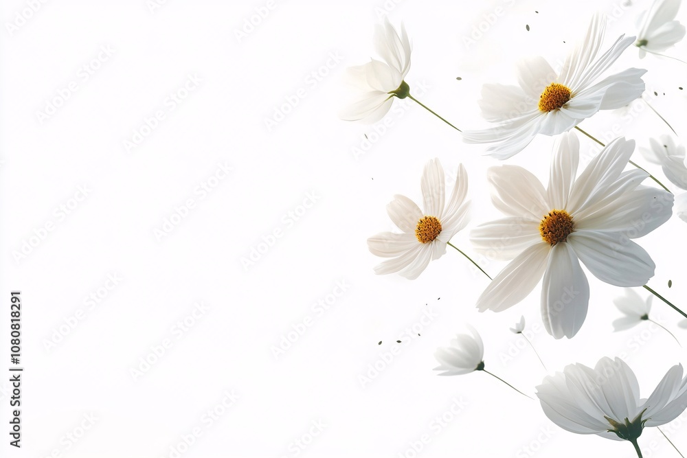 Naklejka premium White Cosmos Flowers: A Delicate Dance of Petals - Botanical Photography of Graceful Blooms in a Serene Setting. Discover the beauty of nature's elegance in this captivating floral image.