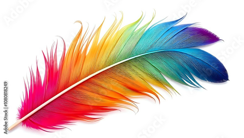 Colorful feather for carnival and celebration isolated on white background, realistic rainbow colored. Ai Generated image