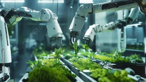 Robotic arms are gently caring for plants in an automated indoor farm, highlighting the future of agriculture and sustainable food production