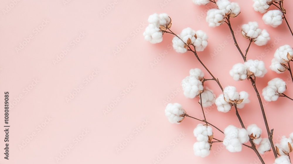 Beautiful cotton branches with fluffy white bolls arranged on a soft pink background creating an elegant and minimalist aesthetic for modern decor and design projects Beautiful cotton branches with fluffy white bolls arranged on a soft pink background creating an elegant and minimalist aesthetic for modern decor and design projects