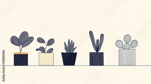 Wallpaper Mural Modern minimalist illustration of houseplants in decorative pots, line art with monochromatic details, perfect for contemporary home decor, digital prints, wall art and botanical designs Torontodigital.ca