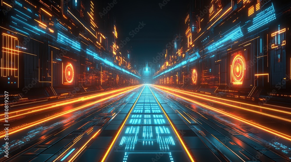 Fototapeta premium Futuristic Digital Corridor with Glowing Lights and Neon Patterns Showcasing Technological Advancement and Innovation in a Sci-Fi Environment