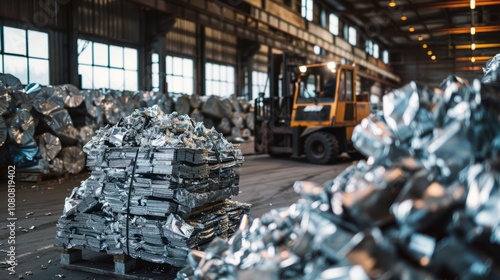Wallpaper Mural A forklift maneuvers expertly through a vibrant recycling facility, surrounded by gleaming stacks of processed scrap metal under bright industrial lights Torontodigital.ca