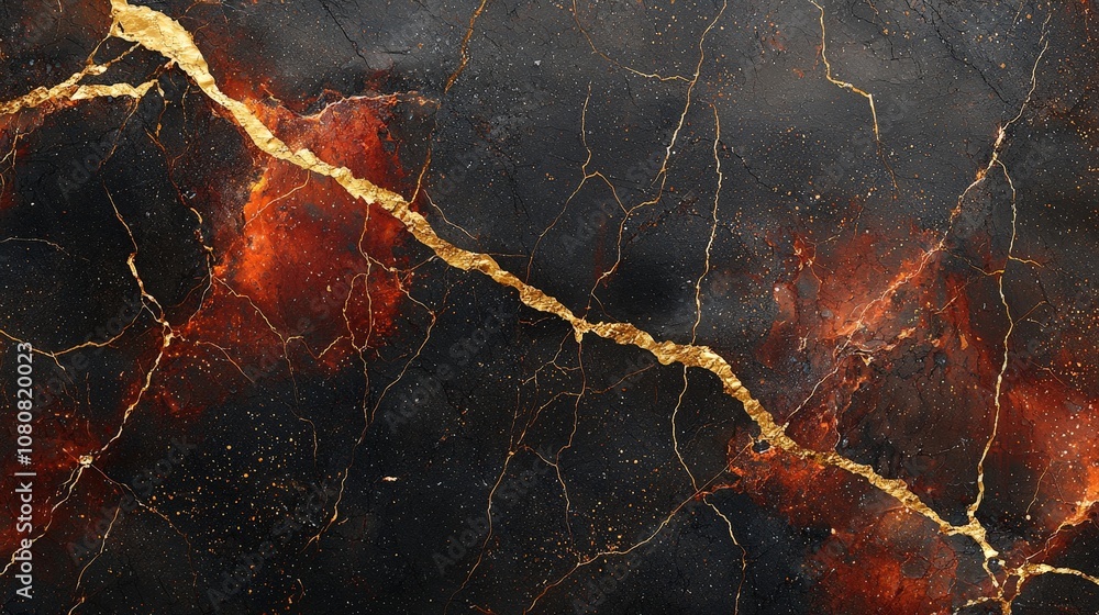 A textured surface resembling black marble with gold and red veining. A textured surface resembling black marble with gold and red veining.