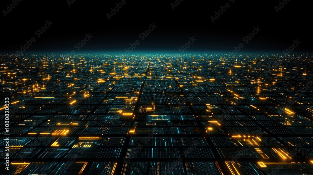 Obraz premium Futuristic Digital Landscape with Glowing Grids and Neon Lights Creating a Beautiful High-Tech Cityscape in a Dark Atmosphere