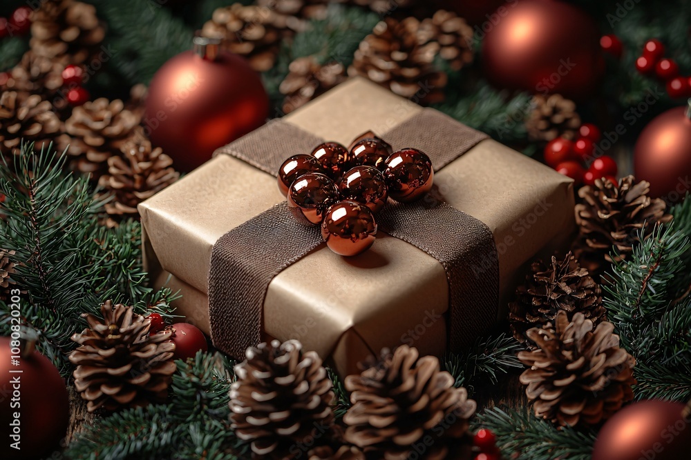 A cozy winter flat lay of Christmas decorations, ideal for holiday promotions, greeting cards, and festive designs, featuring gifts and natural elements.