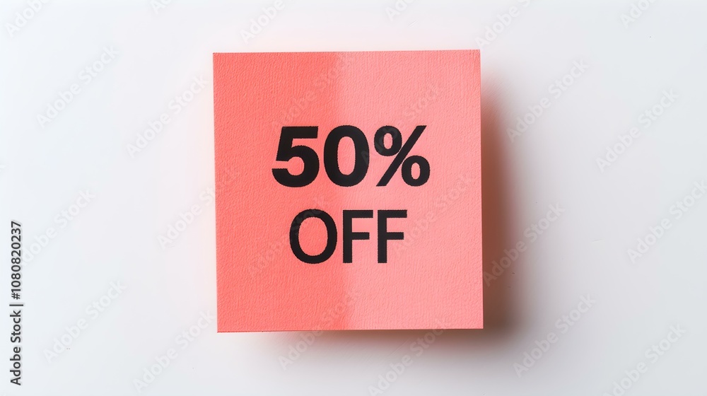 Black '50% OFF' Text on a Light Red Square Paper Note. White Background with Copy Space Black '50% OFF' Text on a Light Red Square Paper Note. White Background with Copy Space