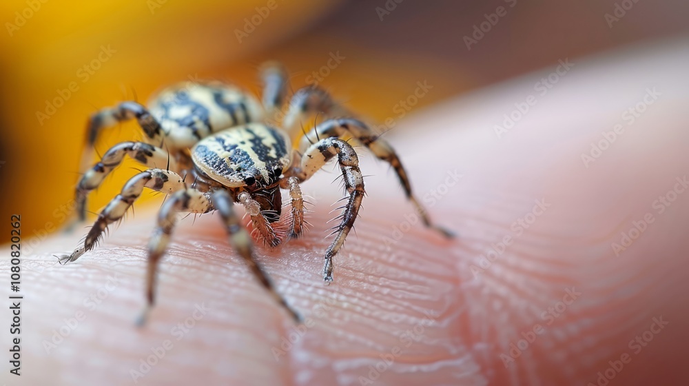 A vivid spider navigates the surface of a human fingertip, highlighting the spider's unique patterns against the warm sunlight and natural backdrop A vivid spider navigates the surface of a human fingertip, highlighting the spider's unique patterns against the warm sunlight and natural backdrop