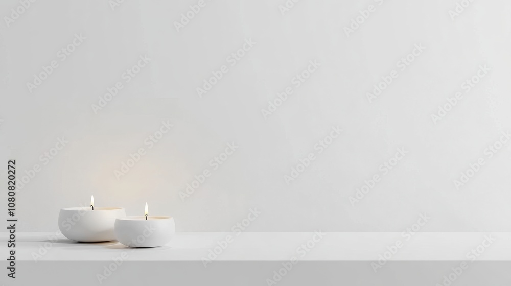 Softly Glowing White Candles on Minimalist White Table Against a Blank Wall, Creating a Calm and Serene Atmosphere for Relaxation and Meditation Purposes Softly Glowing White Candles on Minimalist White Table Against a Blank Wall, Creating a Calm and Serene Atmosphere for Relaxation and Meditation Purposes
