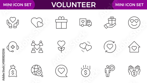 Volunteer icon set. Charity and Volunteering thin line style of philanthropic icons: almsgiving, helping those in need, donation, contribution, humanism, altruism