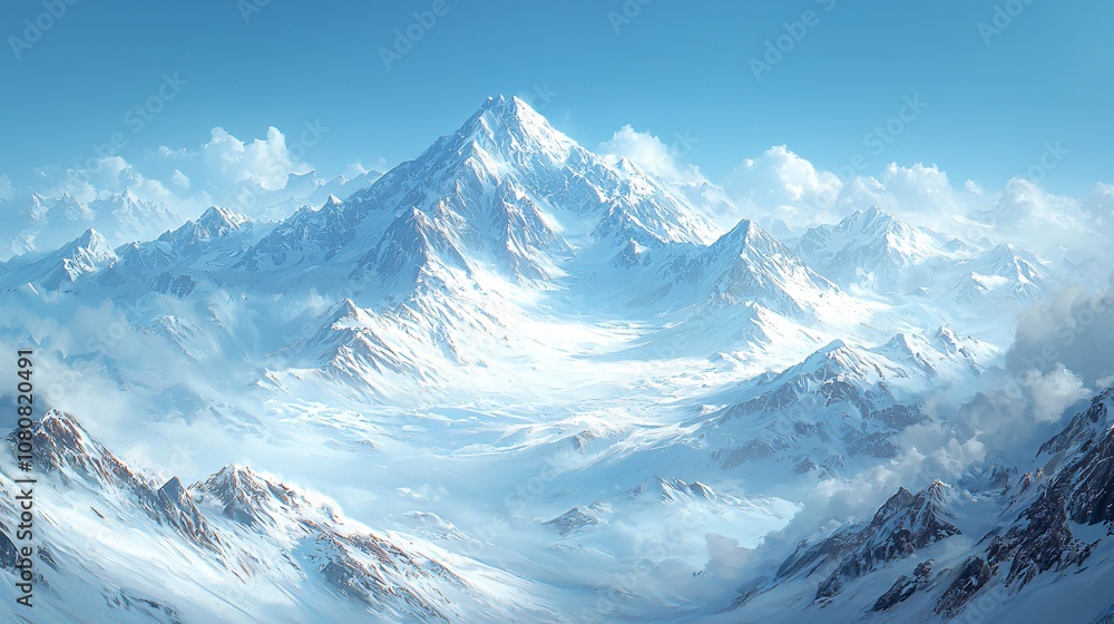 Breathtaking winter mountain landscape featuring snow-covered peaks under a clear blue sky, perfect for seasonal promotions or winter-themed projects. Breathtaking winter mountain landscape featuring snow-covered peaks under a clear blue sky, perfect for seasonal promotions or winter-themed projects.