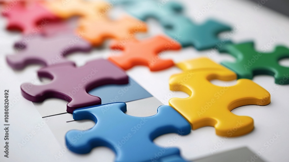 Fototapeta premium Colorful jigsaw puzzle pieces creating a solution on white background