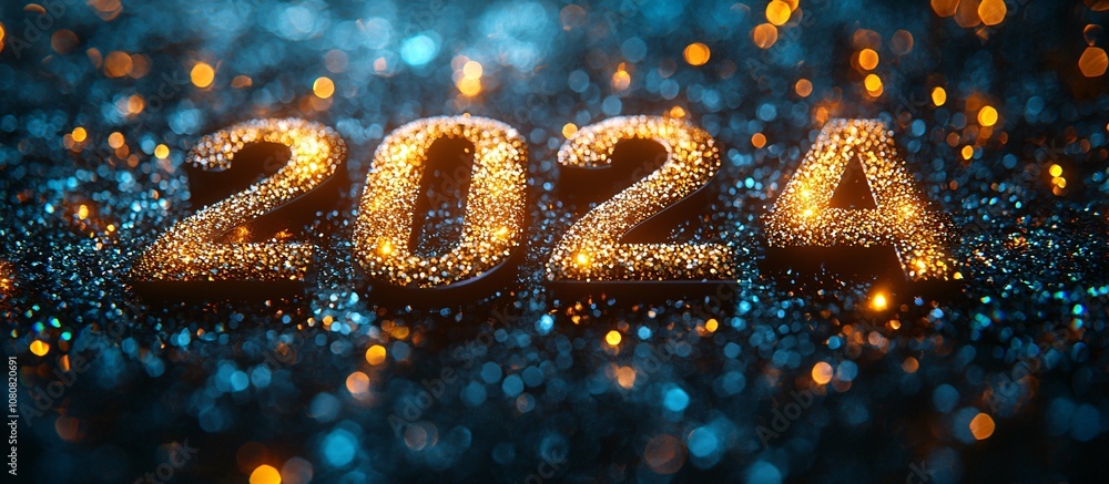 A vibrant New Year 2024 banner featuring glowing gold numerals in a cosmic setting, perfect for celebrations, invitations, and holiday promotions. A vibrant New Year 2024 banner featuring glowing gold numerals in a cosmic setting, perfect for celebrations, invitations, and holiday promotions.
