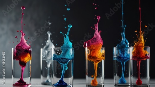 Colorful paint splashes in glasses.